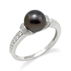 Tahitian Black Pearl Ring with Diamonds in 14K White Gold by