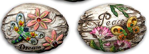 Garden Themed Cement Stepping Stones With Gemstones Dragonfly Bee 2pcs Set With Sayings Dream & Peace