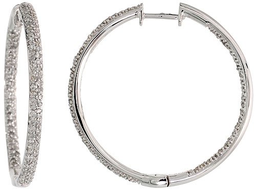 14k White Gold Diamond Hoop Earrings, w/ 0.98 Carat Brilliant Cut Diamonds, 1 3/16″ (30mm)