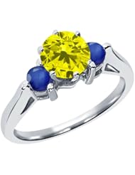 0.71 Ct Round Canary Diamond Blue Sapphire 18K White Gold 3-Stone Ring