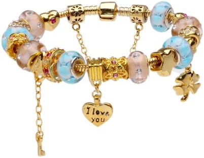 Unique &amp; Lovely Charming Gold Plated Snake Bracelet with Murano Glass Beads Compatible With Pandora