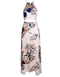 Sexy Polyester/Spandex Summer Ankle Length Halter Sleeveless Floral Print Club Dress/Evening Dress/Party Dress/Maxi Dress 