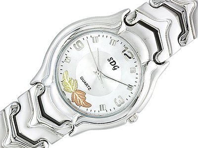 MENS SDG SILVER TONE WITH PINK AND GREEN BLACK HILLS GOLD DIAMOND CUT LEAF BRACELET WATCH