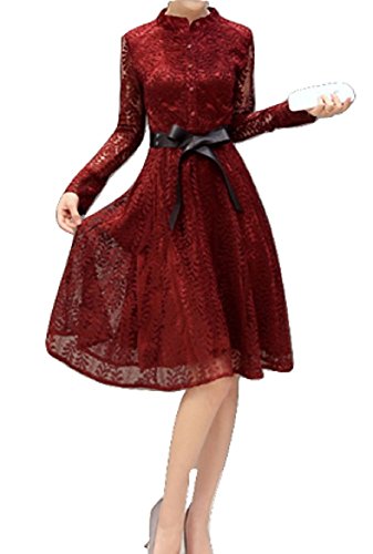 (コニーコニー) ConeyConey 刺繍 レース ワンピース 長袖 フォーマル エレガント 膝丈 ドレス パーティー 結婚式 二次会