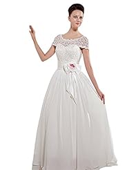 A-line Bateau Neck Lace Beaded Tea Length Chiffon Wedding Dress  with a Court Train 