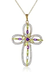 18k Yellow Gold Plated Sterling Silver Multi-Gemstone and Diamond Cross Pendant Necklace, 18"