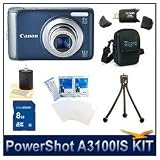 Canon PowerShot A3100 IS Digital Camera (Blue), 12.1 MP, 4x Optical Zoom, 2.7 LCD Display, Deluxe Carrying Case, 3pc. Lens Cleaning Kit, 8 GB Memory Card, Hi-Speed SD USB 2.0 Card Reader, Mini Tripod, Screen Protectors
