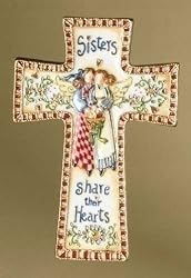 6.5" Cloisonne Wall Cross With Angel "Sisters Share Their Hearts" #25458