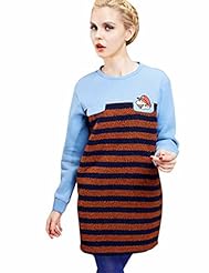 Applique Cotton/Wool Winter Round Neck Long Sleeves Striped Print  Dress