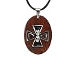 Stainless Steel Natural Redwood Cubic Zirconia Iron Cross Oval Pendant w. Rubber Cord Necklace