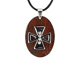 Stainless Steel Natural Redwood Cubic Zirconia Iron Cross Oval Pendant w. Rubber Cord Necklace