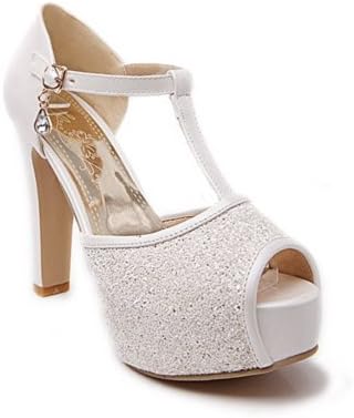 Vogue001 Womens Open Peep Toe High Heel Platform Chunky Heels Blend Materials Frosted Solid Sandals with Buckle, White, 39