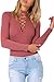 Mulisky Plunging V Neck Long Sleeve Lace-Up Front Red Leotard Bodysuit for Women