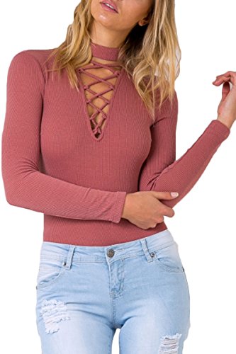 Mulisky Plunging V Neck Long Sleeve Lace-Up Front Red Leotard Bodysuit for Women