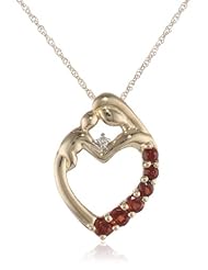 XPY 14k Yellow Gold Mother and Child Gemstone Heart Pendant Necklace with Diamond Accent, 18"