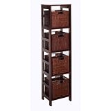 Winsome Wood Leo Wood 4 Tier Storage Shelf with 4 Small Rattan Baskets ~ Winsome Wood
