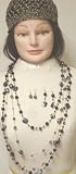Hand Crocheted Black Chenille and Gold Gimp Tweed Skull Cap Offered with Set of Two Very Long Dark Beaded Necklaces Shown Two Strand Each