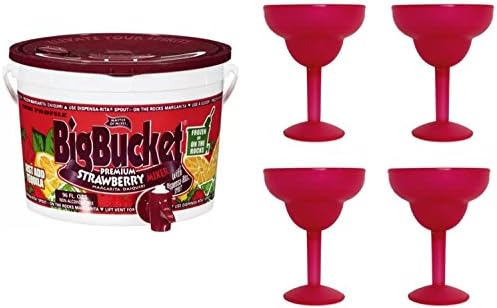 Margarita Mix Bundle includes a 96-Ounce Master of Mixes Big Bucket Premium Strawberry Margarita &amp; Daiquiri Mixer, and 4 Freezable Double-Wall Margarita Glasses