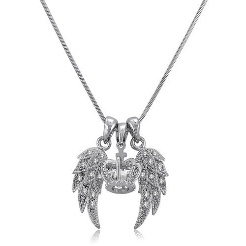 Silver Tone Angel Wings W/Crown Pendant Necklace