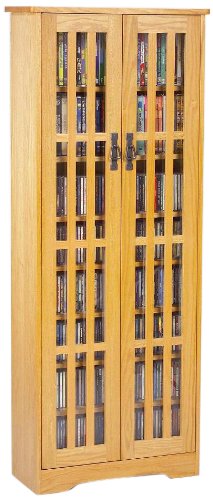 Leslie Dame M-477 High-Capacity Inlaid Glass Mission Style Multimedia Storage Cabinet, Oak On Sale