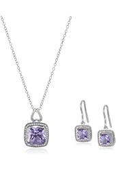 Sterling Silver Square Gemstone Earrings and Pendant Necklace Jewelry Set