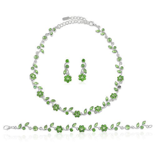 Silver Tone Green Crystal 3-pcs Necklace Earrings Bracelet Set