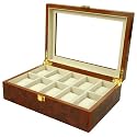 Watch Box Storage Chest For 10 Watches Burlwood Finish Inlaid Top with Latch