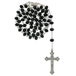 Black Crystal Rosary with Faceted Rondell Beads in 8x6mm - 28'' Necklace - 21'' Overall Length