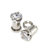 2G = 6mm Screw-on / fit Clear Solid CZ Prongs Setting Ear Plugs Retainers, 1 Pair, Silver