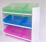 3 Tier Childrens storage unit. (White Wood with 6 Bins)