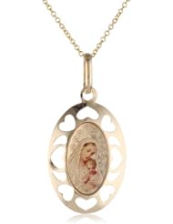 14k Yellow Gold Mama Mary Baby Jesus Oval Picture Medal Necklace, 18"