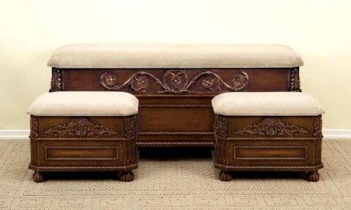 Kitchen: Beautifully Detailed Oak Finish Bi Cast Leather/Wood BENCH Set of 3