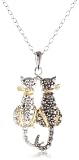 Sterling Silver Black-Diamond Two Cat Pendant Necklace