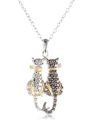 Sterling Silver Black-Diamond Two Cat Pendant Necklace