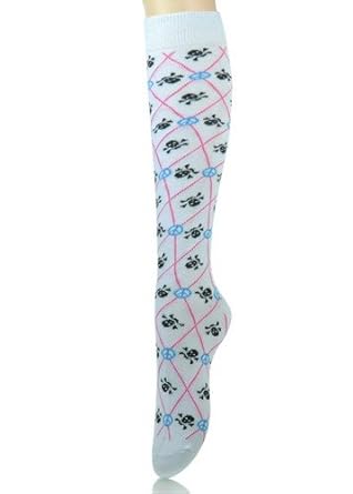 Peace Sign and Skull Cute Knee High Socks- White