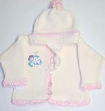 Ck601, Knitted on Hand Knitting Machine Ivory Cotton Trimmed By Hand Crochet with Pink Chenille Cardigan Hat for Infant Girl with Sequin Appliqué