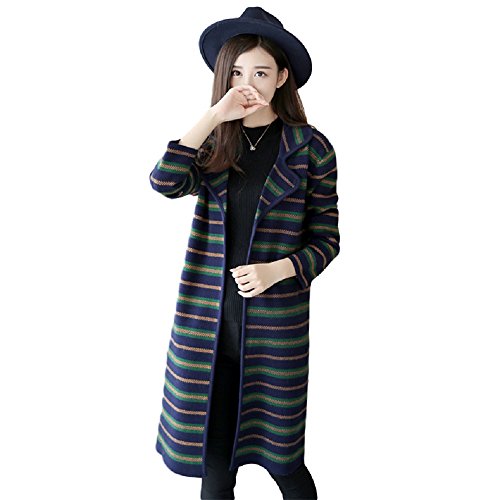 Teranos レディース ロングコート 襟付き ボーダー柄 ひざ丈 長袖 Vネック 秋 冬 カジュアル シンプル