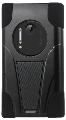 Reiko Silicone Protector Cover with Kickstand for Nokia Lumia 1020, Elvis,Eos,909 - Retail Packaging - Black