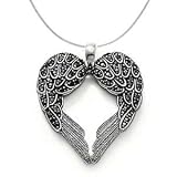 925 Sterling Silver Angel Heart Guardian Angel Wing Pendant Necklace with Black Cubic Zirconia Accents for Mother's Day