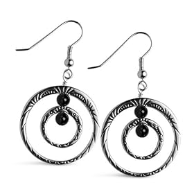 Black Agate Circles of Life Silver Earrings by