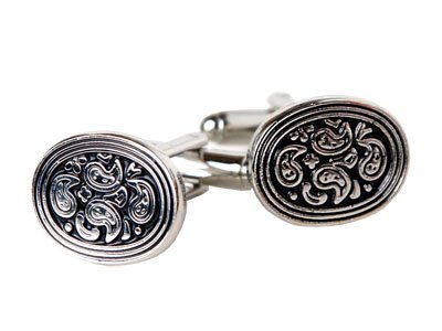 Retro Silver & Black Paisley Oval Cufflinks with Presentation Box