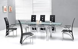 Modern Gorgeous Design "Rain Illusion" Tempered Glass Extendable Dining Table with 6 Dining Chairs Set