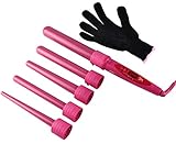 CoFashion Women Professional Automatic 5-in-1 Curling Wand Tongs Quick Heating Time-Saving 180℃-210℃ Ceramic Tourmaline Barrels Salon Studio Hair Styler Tools Curling Iron Set Crimping Iron with Free Heat Resistant Gloves Best Birthday Mother Gift(Red)