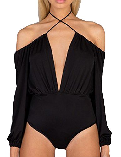 Allegrace Women Sexy String Halter Neck Bodysuit Off Shoulder Leotard Jumpsuit Black M