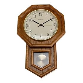 River City Clocks Radio-controlled Schoolhouse Clock with Swinging Pendulum and Oak Finish - 21 Inches Tall - Model # 801-403O