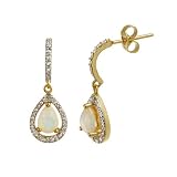 18k Yellow Gold Overlay Sterling Silver Diamond-Accent Teardrop Drop Earrings with Created-Opal Center