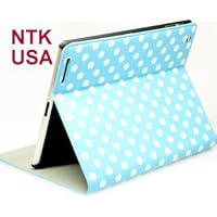 NTK Premium Dalmation Series iPad 2 Plaid Dots Pattern Folio Leather Smart Cover Case Tartan Style With Inner Hard Armor Case/Base (Blue/White)