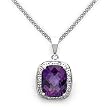 14k White Gold Cushion Cut Amethyst and Diamond Pendant with Chain
