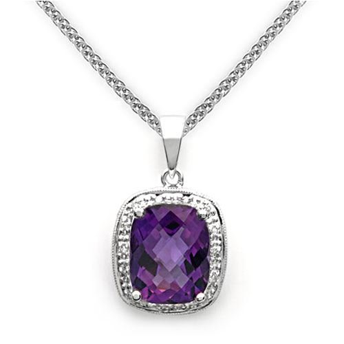 14k White Gold Cushion Cut Amethyst and Diamond Pendant with Chain