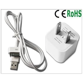 USB Power Wall Charger + Syn Data Cable for Apple iPod Touch iPhone 4 4S 3G 3GS by 